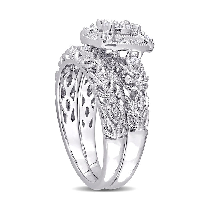 0.20 CT. T.W. Composite Natural Diamond Cushion Frame Antique Vintage-Style Bridal Engagement Ring Set in Sterling Silver