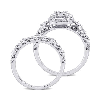 0.20 CT. T.W. Composite Natural Diamond Cushion Frame Antique Vintage-Style Bridal Engagement Ring Set in Sterling Silver