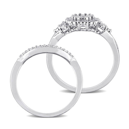 0.20 CT. T.W. Natural Diamond Frame Tri-Sides Bridal Engagement Ring Set in Sterling Silver