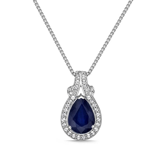 Pear-Shaped Blue Sapphire and 0.17 CT. T.W. Natural Diamond Frame Doorknocker Pendant in 10K White Gold