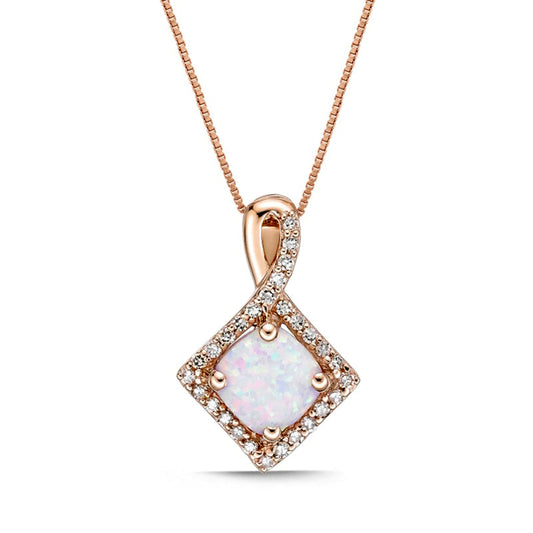 6.0mm Cushion-Cut Lab-Created Opal and 0.17 CT. T.W. Diamond Frame Tilted Twist Pendant in 10K Rose Gold