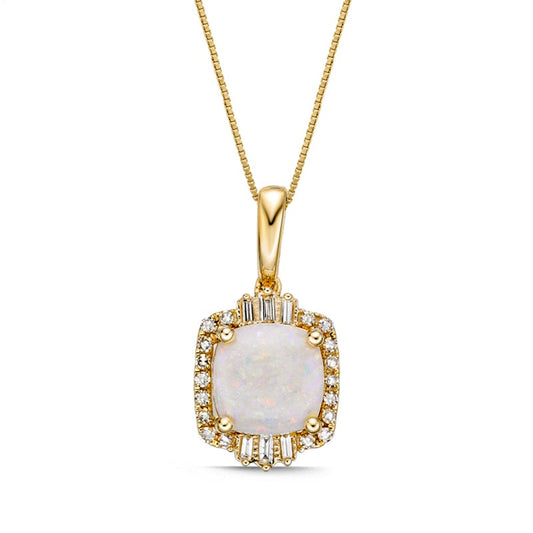 8.0mm Cushion-Cut Opal and 0.25 CT. T.W. Natural Diamond Ornate Frame Pendant in 10K Yellow Gold