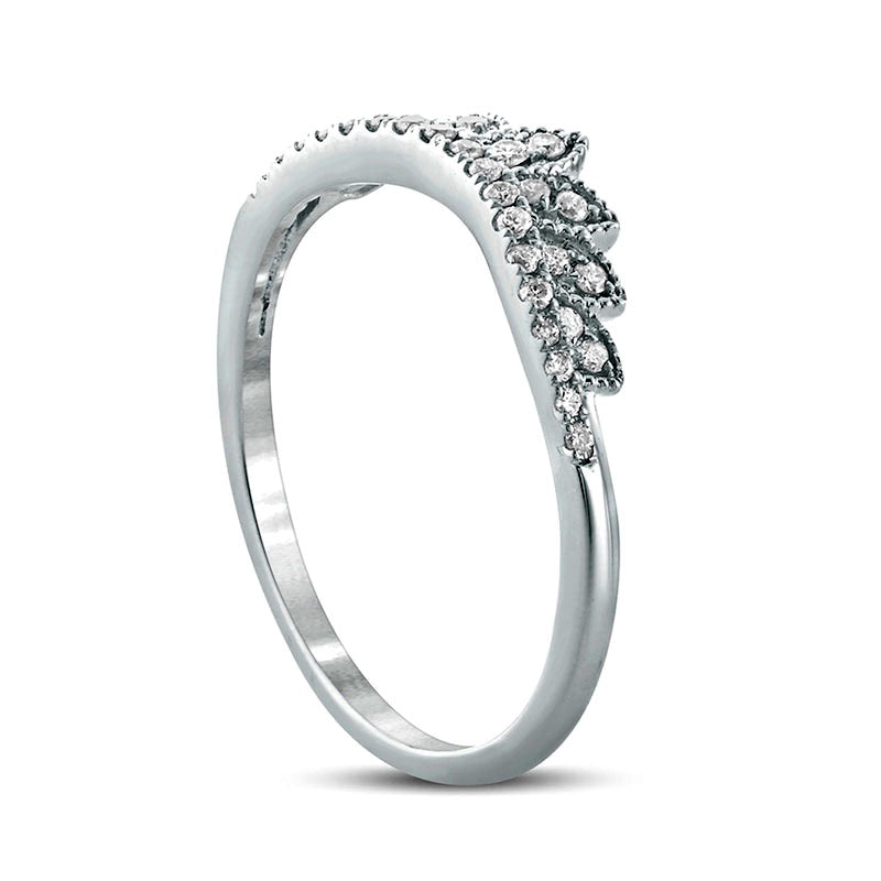 0.17 CT. T.W. Natural Diamond Leaf Crown Contour Antique Vintage-Style Wedding Band in Solid 10K White Gold