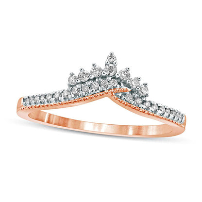 0.17 CT. T.W. Natural Diamond Crown Chevron Antique Vintage-Style Wedding Band in Solid 10K Rose Gold