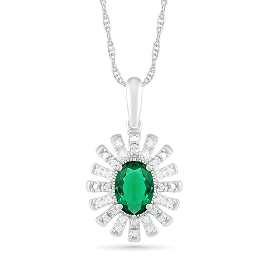 Oval Lab-Created Emerald and 0.07 CT. T.W. Diamond Starburst Frame Pendant in Sterling Silver