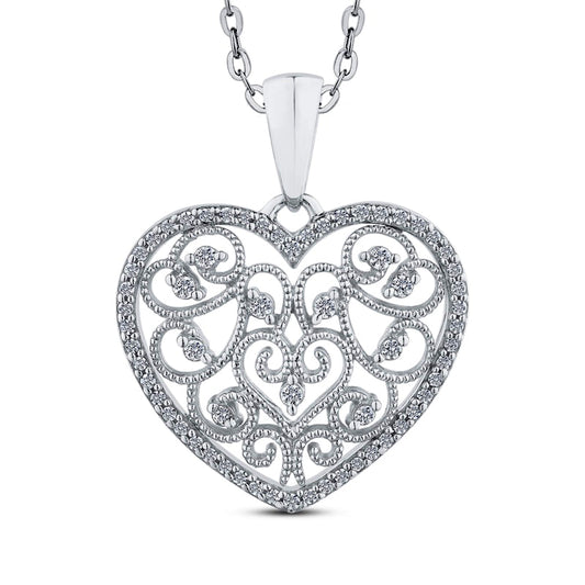 0.25 CT. T.W. Natural Diamond Ornate Heart Antique Vintage-Style Pendant in 10K White Gold