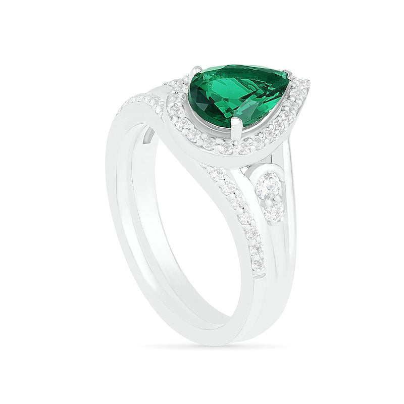 Pear-Shaped Lab-Created Emerald and White Sapphire Geometric Curve Split Shank Bridal Engagement Ring Set in Sterling Silver