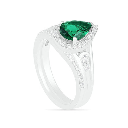 Pear-Shaped Lab-Created Emerald and White Sapphire Geometric Curve Split Shank Bridal Engagement Ring Set in Sterling Silver