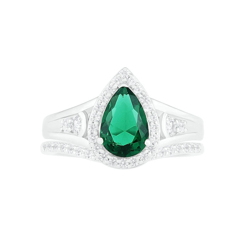 Pear-Shaped Lab-Created Emerald and White Sapphire Geometric Curve Split Shank Bridal Engagement Ring Set in Sterling Silver