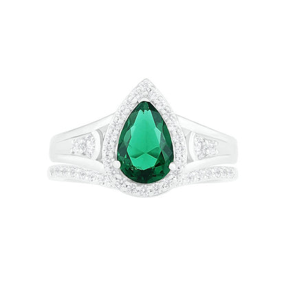 Pear-Shaped Lab-Created Emerald and White Sapphire Geometric Curve Split Shank Bridal Engagement Ring Set in Sterling Silver