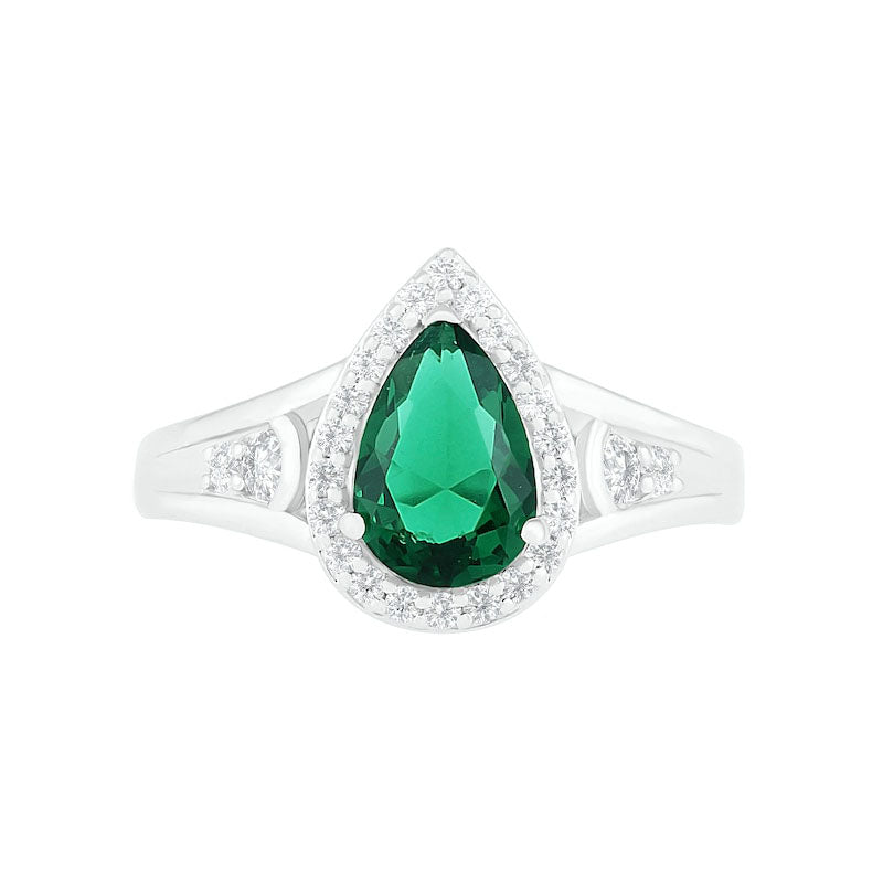 Pear-Shaped Lab-Created Emerald and White Sapphire Geometric Curve Split Shank Bridal Engagement Ring Set in Sterling Silver
