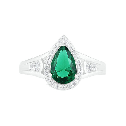 Pear-Shaped Lab-Created Emerald and White Sapphire Geometric Curve Split Shank Bridal Engagement Ring Set in Sterling Silver