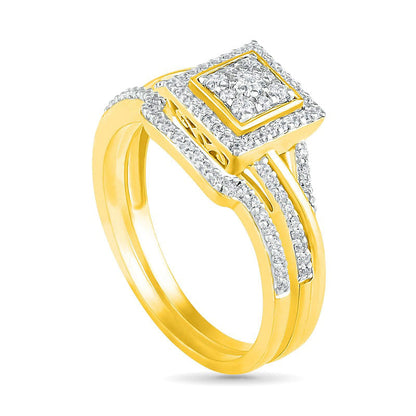 0.38 CT. T.W. Composite Natural Diamond Square Frame Split Shank Bridal Engagement Ring Set in Solid 10K Yellow Gold