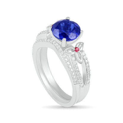 8.0mm Lab-Created Blue Sapphire, Ruby and 0.07 CT. T.W. Diamond Flower-Sides Split Shank Bridal Engagement Ring Set in Sterling Silver