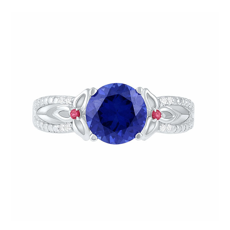 8.0mm Lab-Created Blue Sapphire, Ruby and 0.07 CT. T.W. Diamond Flower-Sides Split Shank Bridal Engagement Ring Set in Sterling Silver