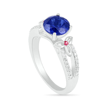 8.0mm Lab-Created Blue Sapphire, Ruby and 0.07 CT. T.W. Diamond Flower-Sides Split Shank Bridal Engagement Ring Set in Sterling Silver