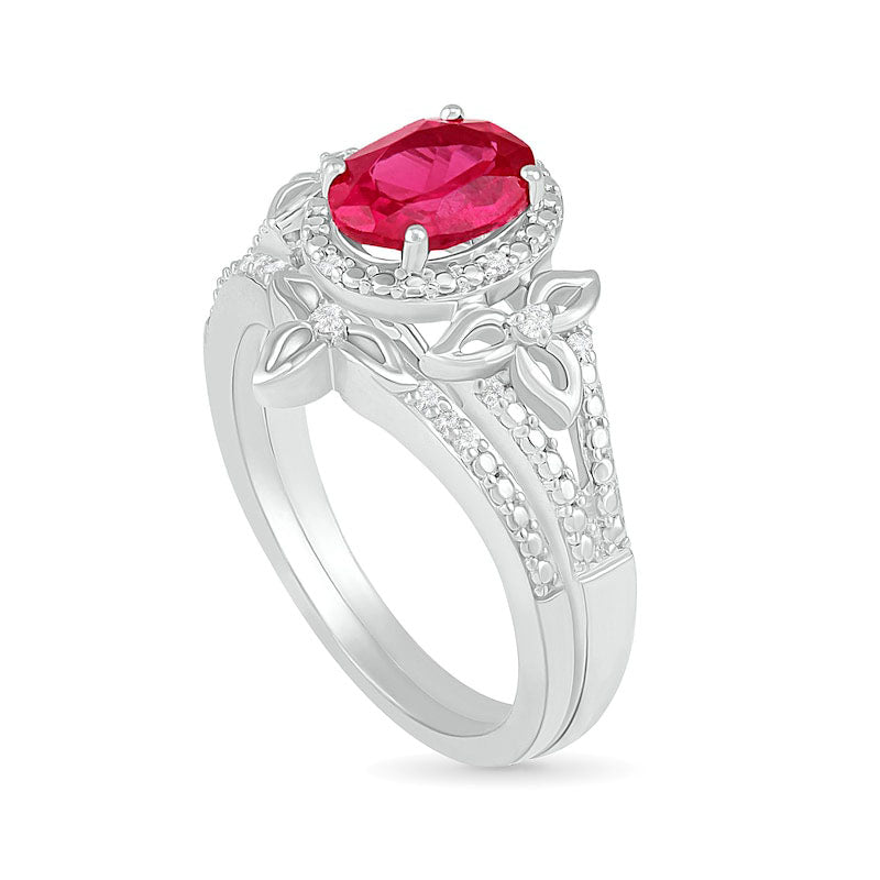 Oval Lab-Created Ruby and 0.07 CT. T.W. Diamond Bead Frame Flower-Sides Split Shank Bridal Engagement Ring Set in Sterling Silver