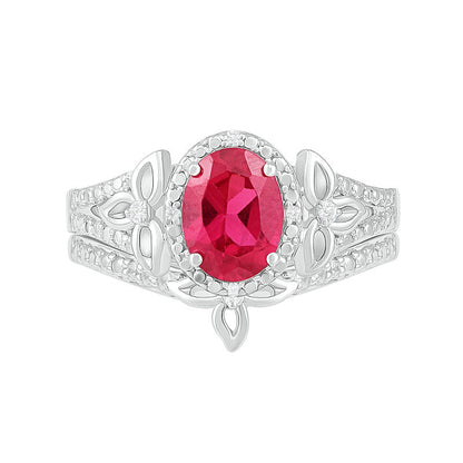 Oval Lab-Created Ruby and 0.07 CT. T.W. Diamond Bead Frame Flower-Sides Split Shank Bridal Engagement Ring Set in Sterling Silver