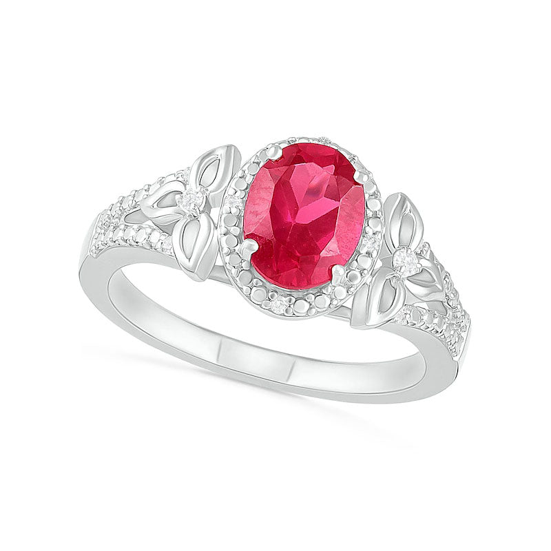 Oval Lab-Created Ruby and 0.07 CT. T.W. Diamond Bead Frame Flower-Sides Split Shank Bridal Engagement Ring Set in Sterling Silver