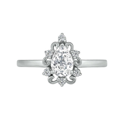 Pear-Shaped White Lab-Created Sapphire Ornate Frame Antique Vintage-Style Bridal Engagement Ring Set in Sterling Silver