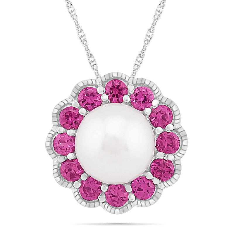 Cultured Freshwater Pearl and Lab-Created Pink Sapphire Frame Antique Vintage-Style Flower Pendant in Sterling Silver