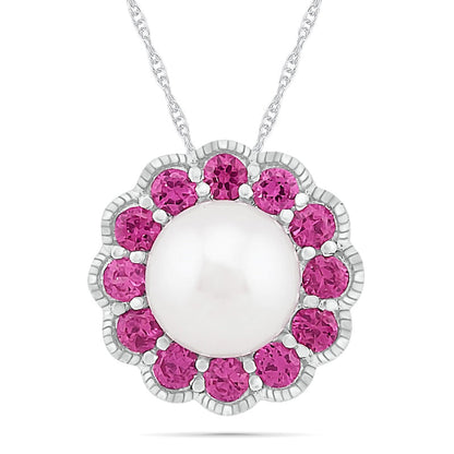 Cultured Freshwater Pearl and Lab-Created Pink Sapphire Frame Antique Vintage-Style Flower Pendant in Sterling Silver