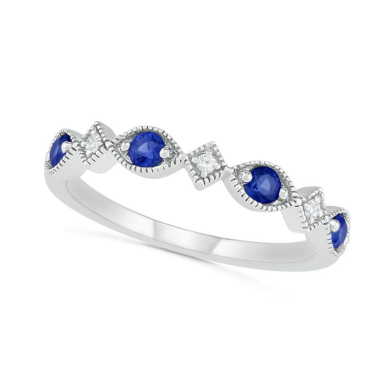 Lab-Created Blue Sapphire and Diamond Accent Alternating Art Deco Antique Vintage-Style Band in Solid 10K White Gold