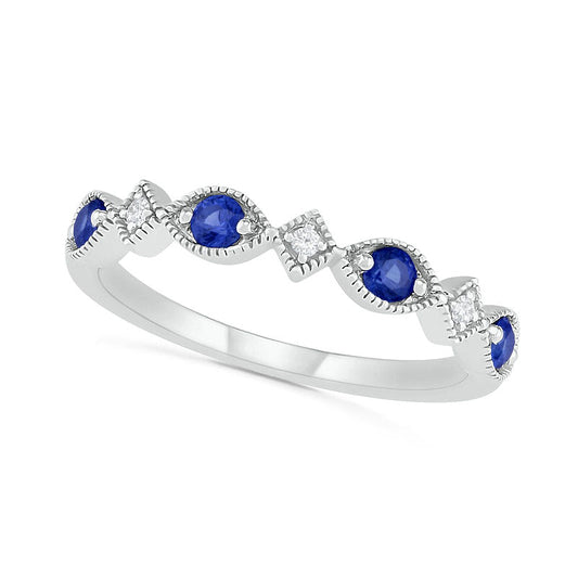 Lab-Created Blue Sapphire and Diamond Accent Alternating Art Deco Antique Vintage-Style Band in Solid 10K White Gold