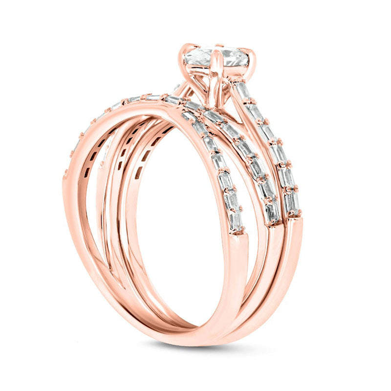 0.75 CT. T.W. Oval and Baguette Natural Diamond Crossover Bridal Engagement Ring Set in Solid 10K Rose Gold