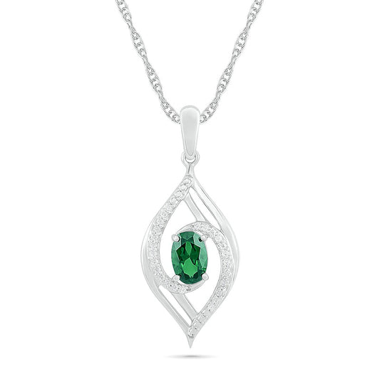 Oval Lab-Created Emerald and 0.07 CT. T.W. Diamond Bypass Flame Pendant in Sterling Silver