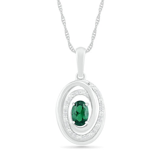 Oval Lab-Created Emerald and 0.07 CT. T.W. Diamond Beaded Open Swirl Frame Drop Pendant in Sterling Silver