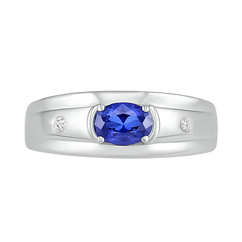 Men's Oval Blue Lab-Created Sapphire and 0.05 CT. T.W. Diamond Duo Stepped Edge Ring in Sterling Silver