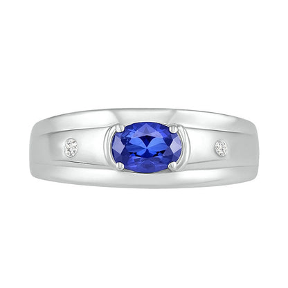 Men's Oval Blue Lab-Created Sapphire and 0.05 CT. T.W. Diamond Duo Stepped Edge Ring in Sterling Silver