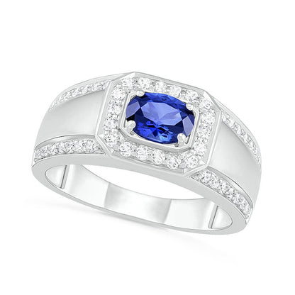 Men's Oval Blue Lab-Created Sapphire and 0.50 CT. T.W. Diamond Octagonal Frame Triple Row Ring in Sterling Silver