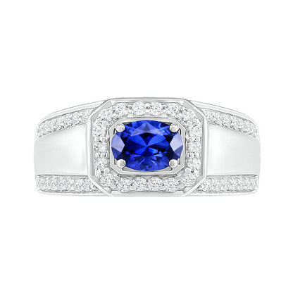 Men's Oval Blue Lab-Created Sapphire and 0.50 CT. T.W. Diamond Octagonal Frame Triple Row Ring in Sterling Silver