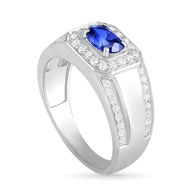 Men's Oval Blue Lab-Created Sapphire and 0.50 CT. T.W. Diamond Octagonal Frame Triple Row Ring in Sterling Silver