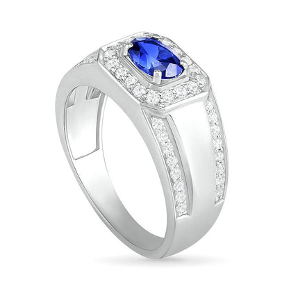 Men's Oval Blue Lab-Created Sapphire and 0.50 CT. T.W. Diamond Octagonal Frame Triple Row Ring in Sterling Silver