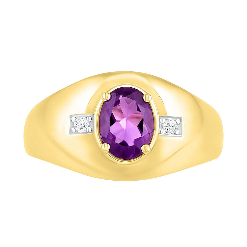 Men's Oval Amethyst and 0.05 CT. T.W. Natural Diamond Side Accent Signet Ring in Solid 10K Yellow Gold