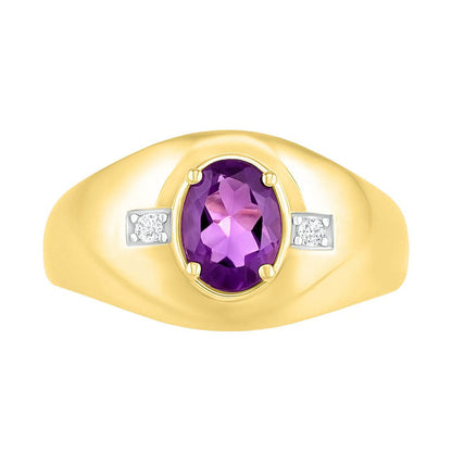 Men's Oval Amethyst and 0.05 CT. T.W. Natural Diamond Side Accent Signet Ring in Solid 10K Yellow Gold