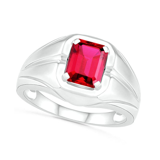 Men's Emerald-Cut Lab-Created Ruby Rectangular Frame Split Shank Ring in Sterling Silver