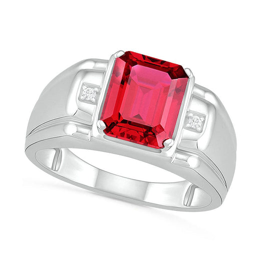 Men's Emerald-Cut Lab-Created Ruby and Diamond Accent Collar Stepped Edge Ring in Sterling Silver