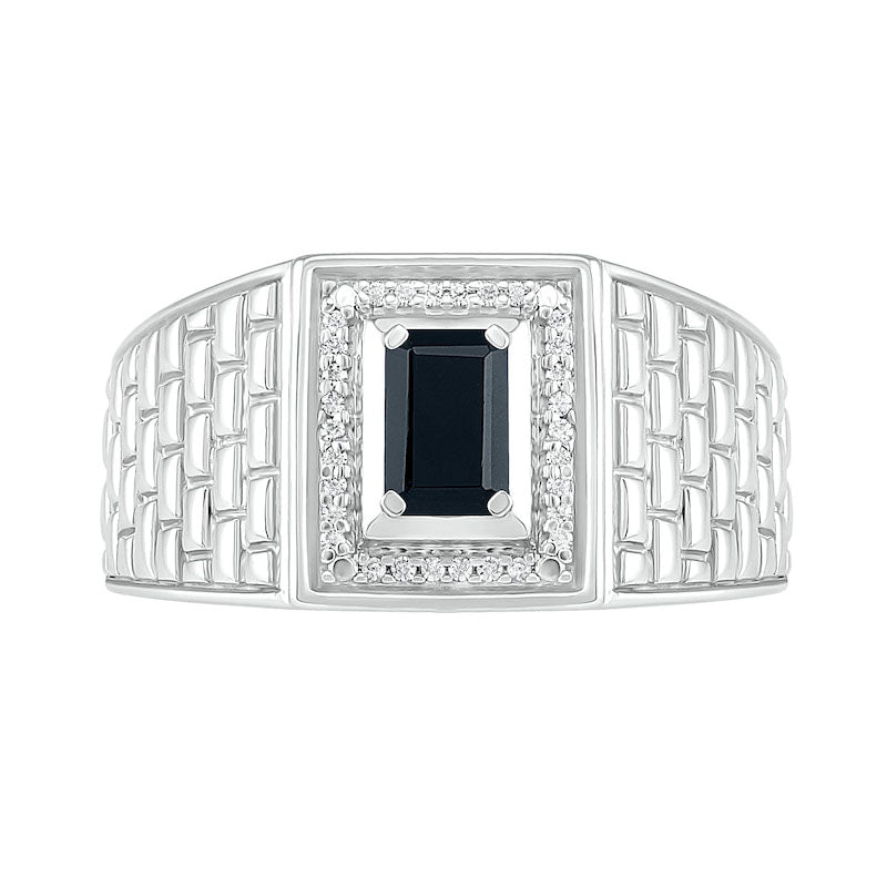 Men's Emerald-Cut Black Lab-Created Spinel and 0.07 CT. T.W. Diamond Frame Brick Pattern Ring in Sterling Silver