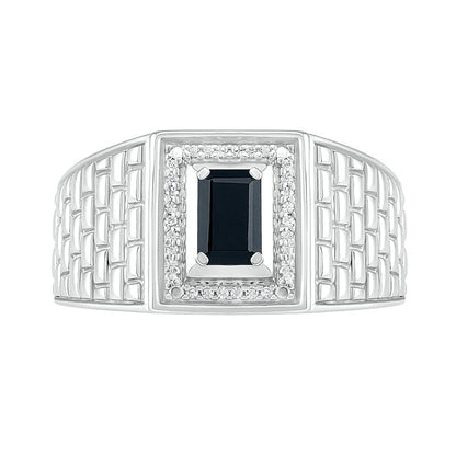 Men's Emerald-Cut Black Lab-Created Spinel and 0.07 CT. T.W. Diamond Frame Brick Pattern Ring in Sterling Silver