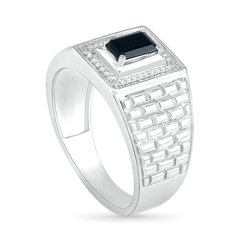 Men's Emerald-Cut Black Lab-Created Spinel and 0.07 CT. T.W. Diamond Frame Brick Pattern Ring in Sterling Silver