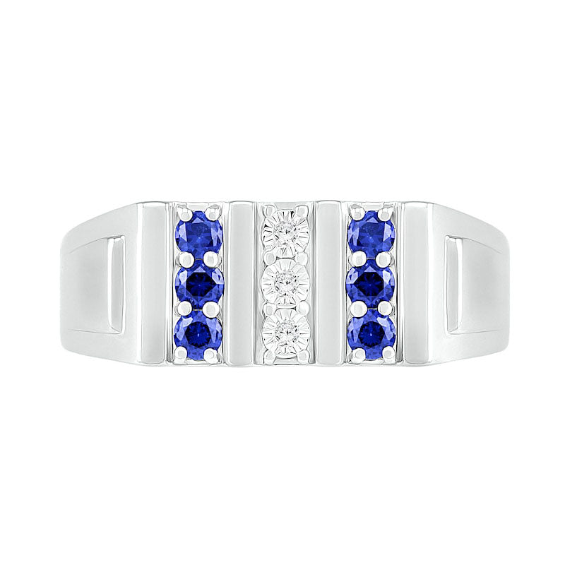 Men's Blue Lab-Created Sapphire and Diamond Accent Vertical Triple Row Art Deco Ring in Sterling Silver