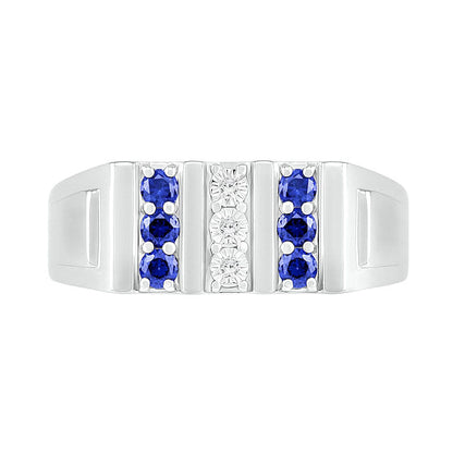 Men's Blue Lab-Created Sapphire and Diamond Accent Vertical Triple Row Art Deco Ring in Sterling Silver
