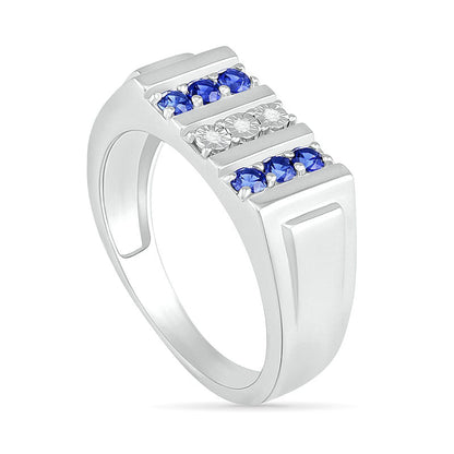 Men's Blue Lab-Created Sapphire and Diamond Accent Vertical Triple Row Art Deco Ring in Sterling Silver
