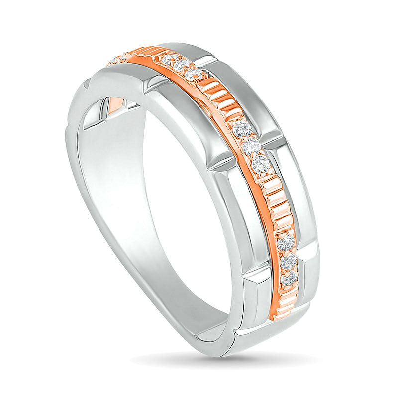 Men's 0.13 CT. T.W. Natural Diamond Textured Triple Row Wedding Band in Solid 10K Two-Tone Gold