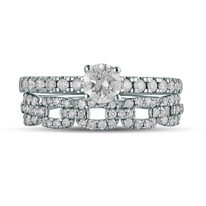 1.0 CT. T.W. Natural Diamond Rolo Chain Link Bridal Engagement Ring Set in Solid 10K White Gold