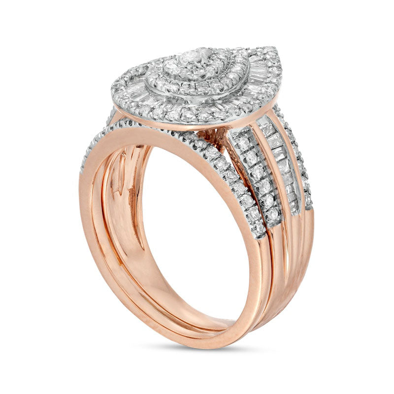 1.25 CT. T.W. Composite Baguette and Round Natural Diamond Triple Teardrop Frame Bridal Engagement Ring Set in Solid 10K Rose Gold